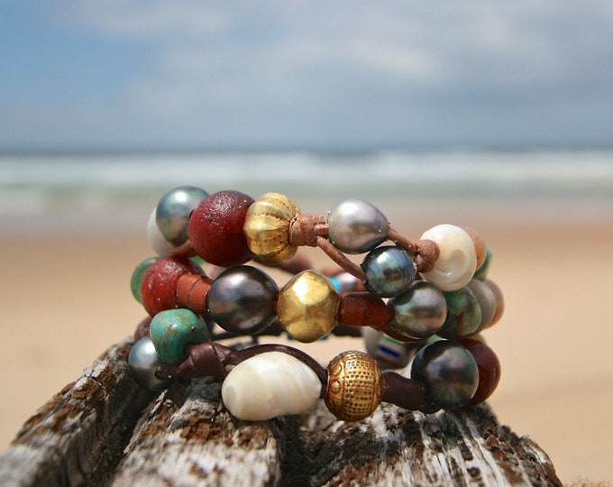 Treasures Bracelet strung with fine cultured pearls, gold, rare ancient trade beads, beach jewelry, one of a kind, St Barth Jewelry, seaside