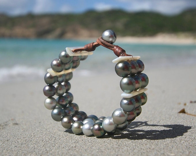 Leather and pearl bracelet from St Barth,  triple rows of cultured pearls and mother-of-pearl on leather, jewelry from St Barth island