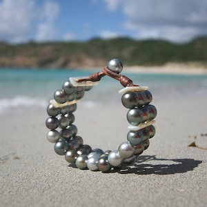 Leather and pearl bracelet from St Barth,  triple rows of cultured pearls and mother-of-pearl on leather, jewelry from St Barth island
