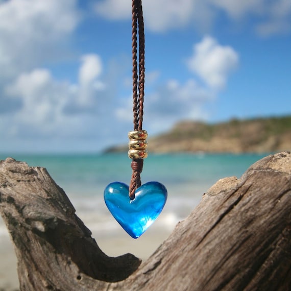 leather blue heart necklace with 18K gold beads knotted on leather from St Barth island.