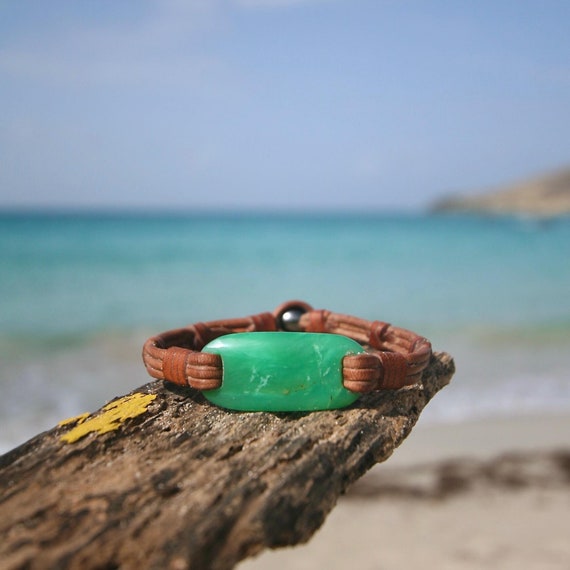 Unisex Leather bracelet featuring Chrysoprase & Tahitian pearl clasp, cultured black pearl, boho and beach jewelry, St Barts jewelry