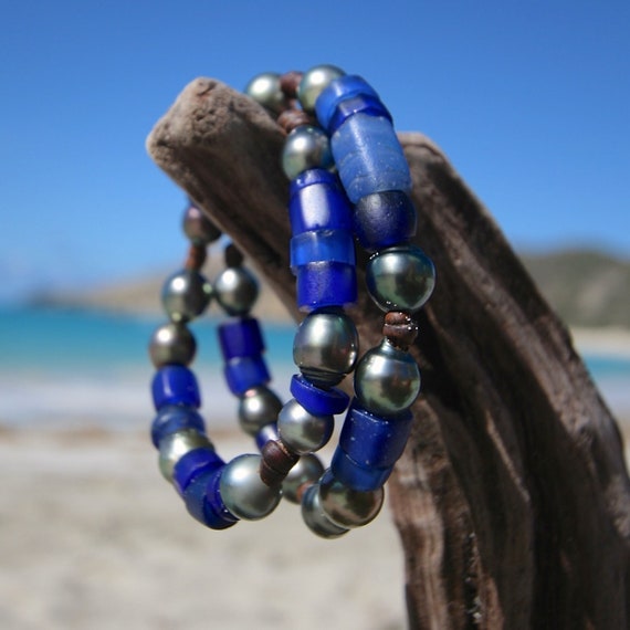 Double leather wrap bracelet of ancient African trade beads and 16 Tahitian black cultured pearls, St Barts jewelry, seaside, island style