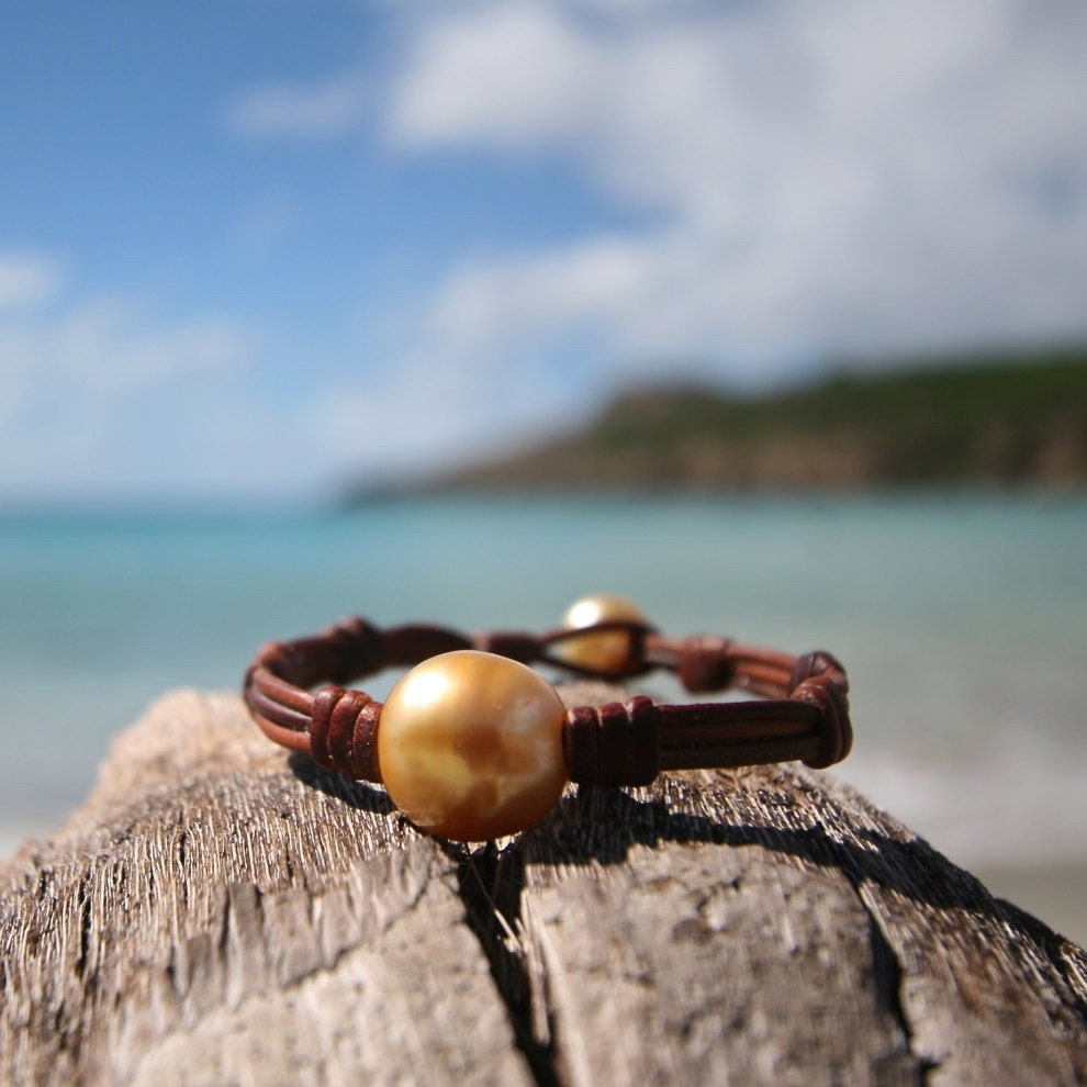 Trio of Golden Australian Pearls and Leather.