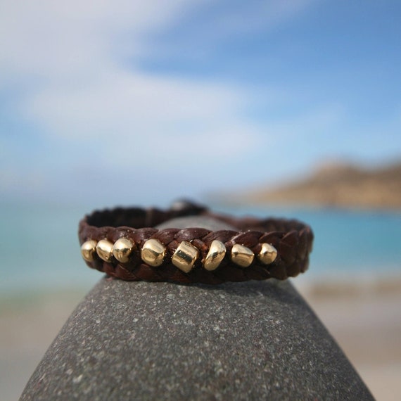 Unisex leather bracelet featuring solid 18k gold beads and a Tahitian black pearl clasp, bohemian-chic inspiration, St Barth, beach jewelry