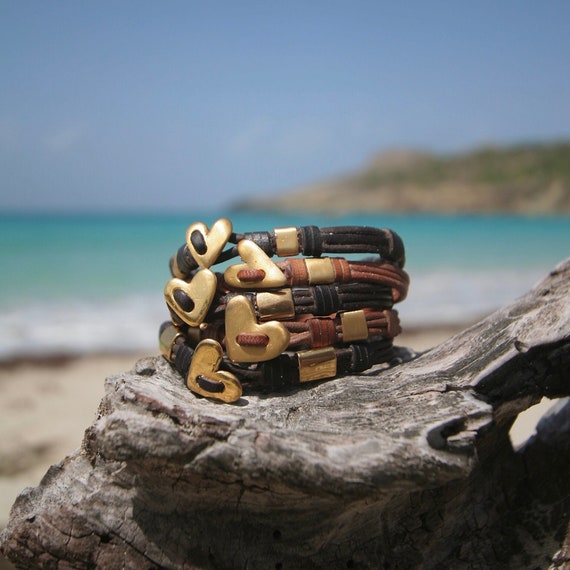 Gold heart and leather bracelet made in St Barth Island, solid 18K plain gold mounted on leather, handcrafted jewelry From Saint Barthelemy
