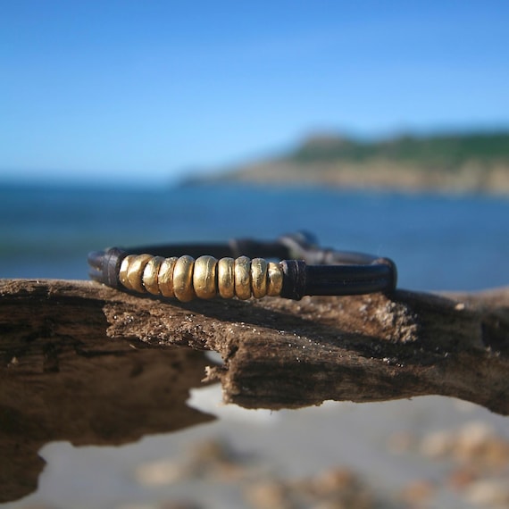 Gold Leather Bracelet – 18K Solid Gold Beads & Tahitian Pearl, St Barth