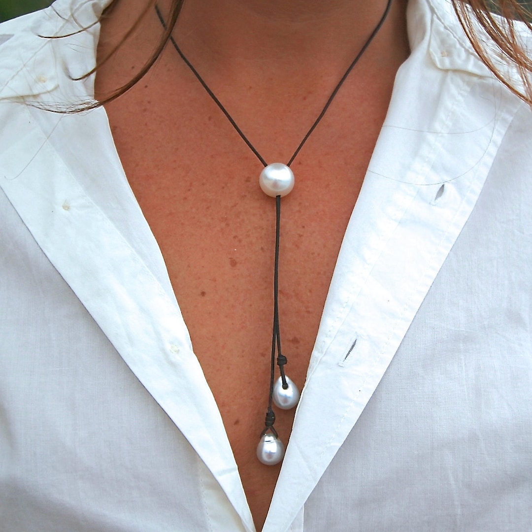 Fine White Pearl Minimalist Leather Lariat Necklace, White Pearl