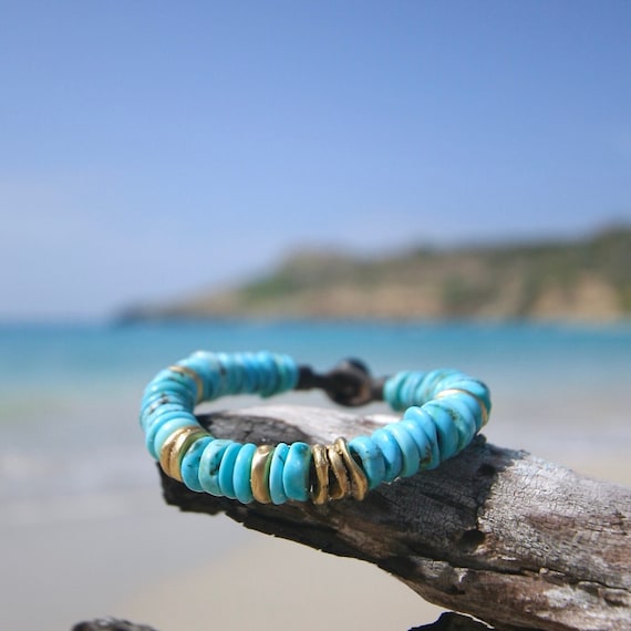 American turquoise, solid 18k gold beads and Tahitian pearl clasp leather bracelet , unisex boho jewelry, beach jewelry, St Barth, seaside .