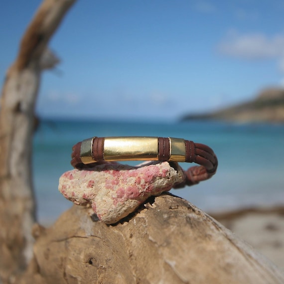 Gold Leather Bracelet – Three 18K Gold Bars & Tahitian Pearl, St Barth