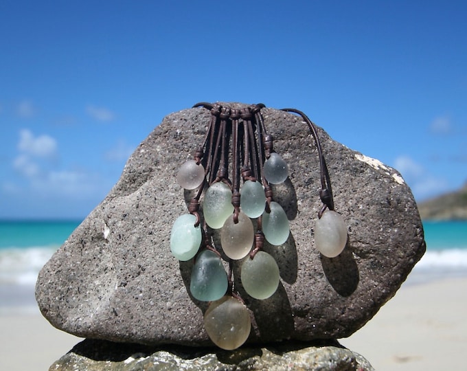 Tumbled ancient sea glass grape necklace, genuine ancient sea glass, beach jewelry, bubble sea glass, sea glass and leather, boho jewelry.