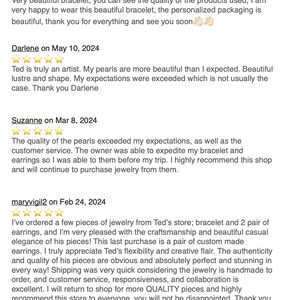 May include: Five-star reviews for a jewelry shop. The reviews highlight the quality of the jewelry, the craftsmanship, and the customer service. The shop owner is praised for their flexibility and creativity.