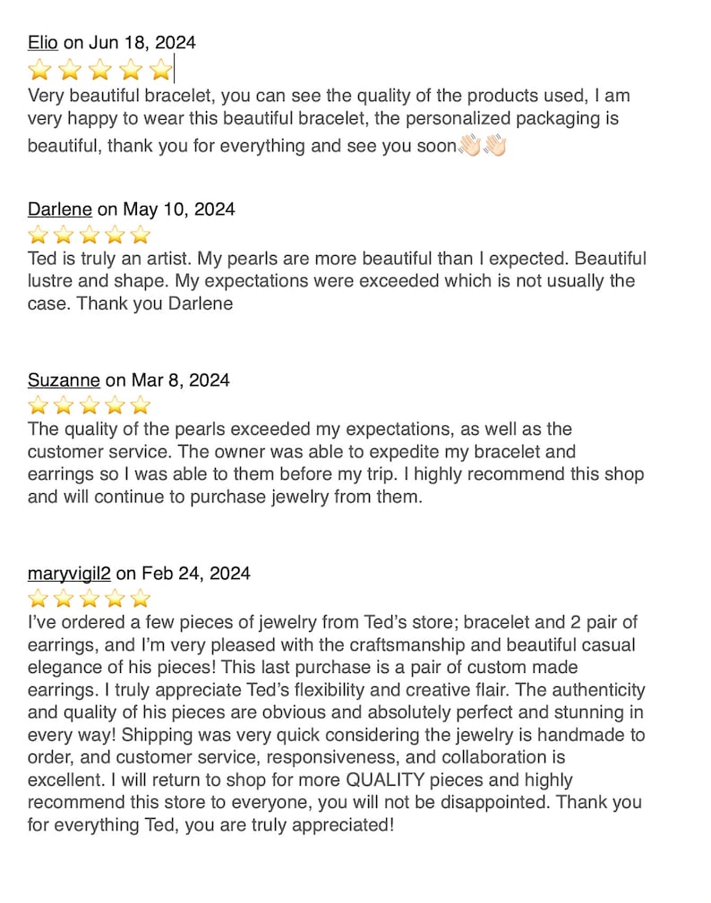 May include: Five-star reviews for a jewelry shop. The reviews highlight the quality of the jewelry, the craftsmanship, and the customer service. The shop owner is praised for their flexibility and creativity.