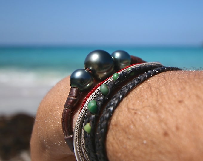 GIGANTIC Tahitian black pearls bracelet, cultured pearls, St Barts island design, leathered pearls, beach jewelry, bohemian gypsy jewelry