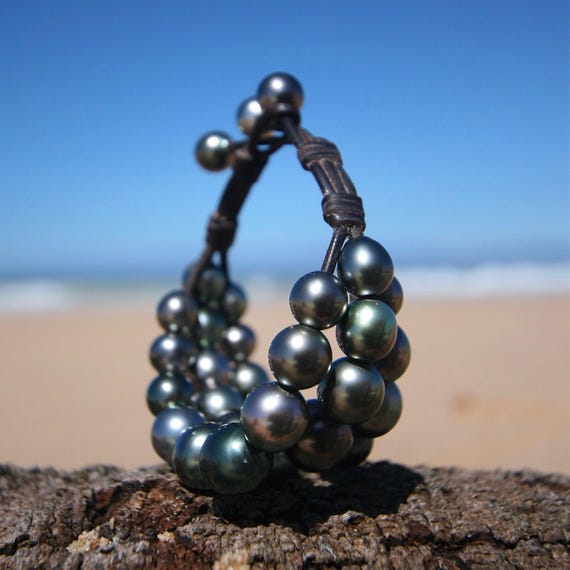 Tahitian Pearl Bracelet, Triple Strand Dark Pearls and Kangaroo Leather, St Barth
