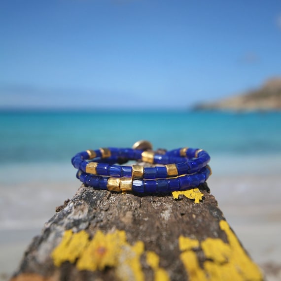 Double wrap gold and trade beads leather bracelet, Jewelry from St Barth island, 24K pure gold & Button 18k solid gold clasp, summer jewelry