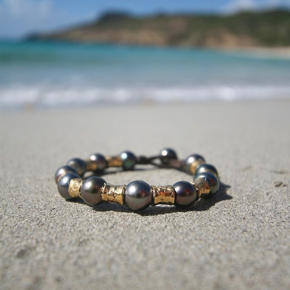 Leather bracelet from St Barth with Tahitian black pearls and 18K gold, St Barthelemy island signature jewelry, Bohemian St Barth designs