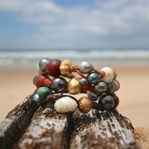 Treasures Bracelet strung with fine cultured pearls, gold, rare ancient trade beads, beach jewelry, one of a kind, St Barth Jewelry, seaside