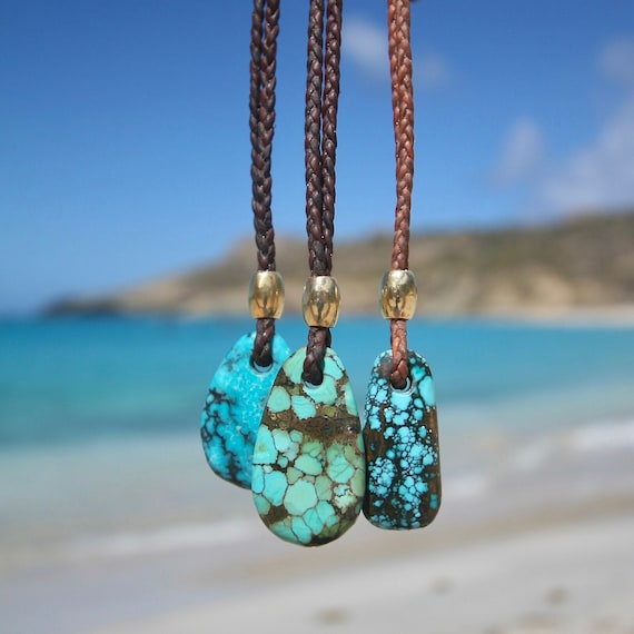 Turquoise and gold necklace on leather with esTahitian pearl clasp, hand carved, beach jewelry from St Barthelemy, real turquoise necklace