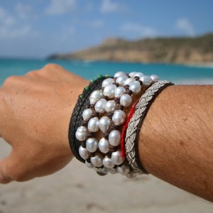 Double leather wrap bracelet for women with south sea cultured pearls, St Barts, seaside pearls, beach jewelry, leather jewelry and pearls image 4