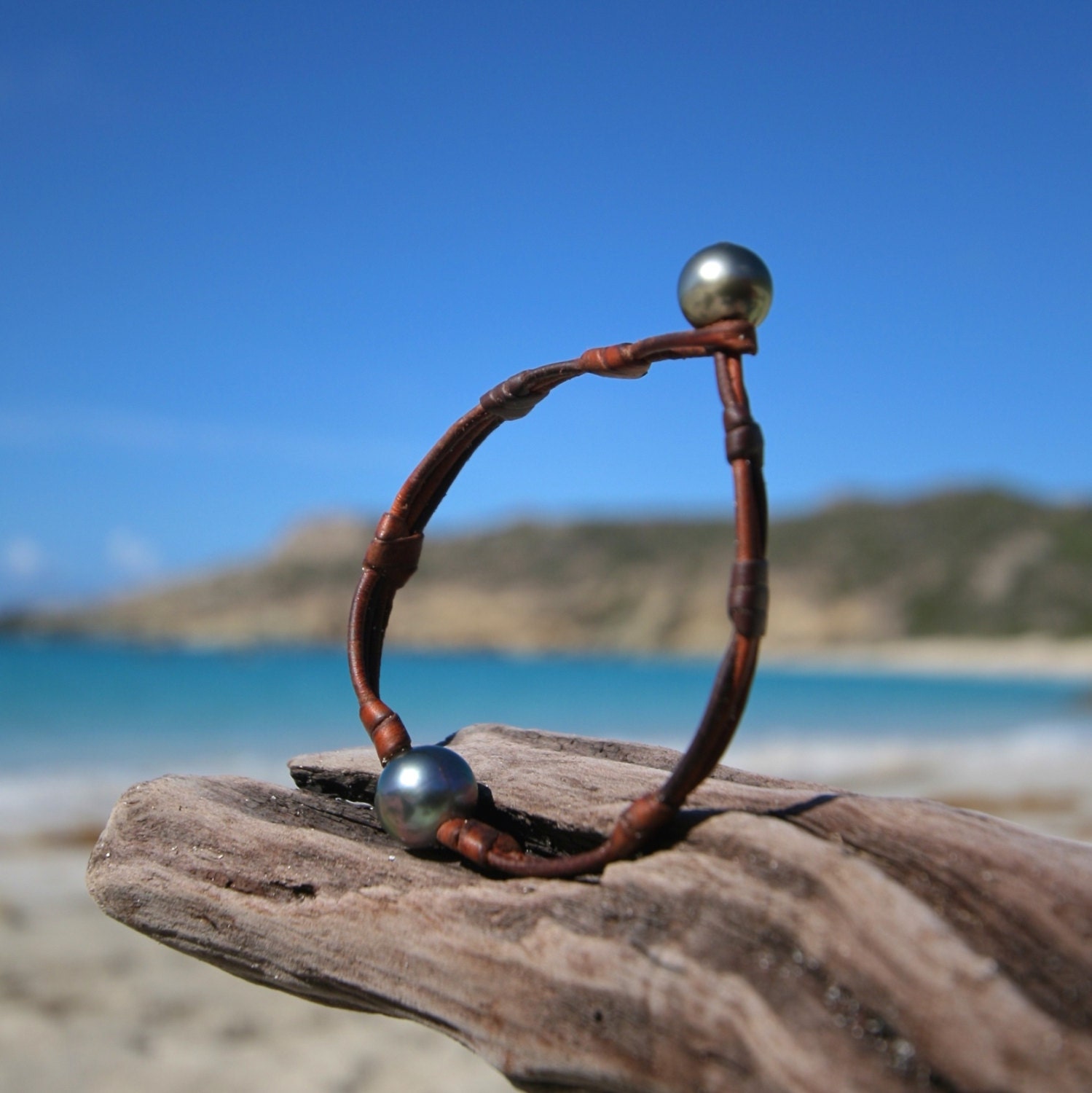 Double Leather Wrap Bracelet of Ancient African Trade Beads and 16 Tahitian Black Cultured Pearls, St Barts Jewelry, Seaside, Island Style