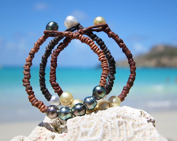 Wild knots coloful Bracelets of Tahitian pearls OR Australian cultured pearls, beach and leather jewelry, bohemian inspiration, hippie chic