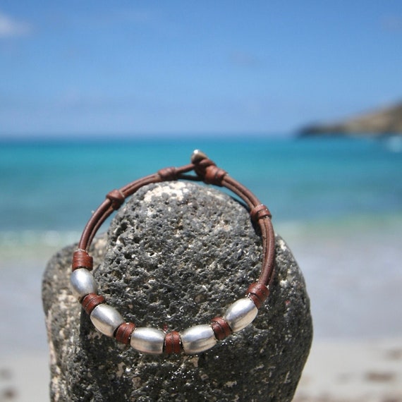 Unisex leather bracelet with hand-casted silver elements, st barth jewelry, leather fashion jewelry, pearl bracelet from Saint Barthelemy