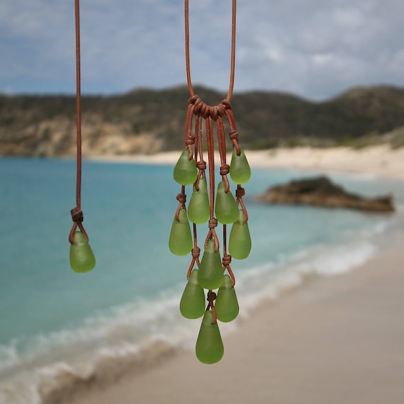 Sea glass green necklace,handmade beach glass jewelry from St Barth island, bohemian-chic cluster grappe, Tahitian black cultured pearls.