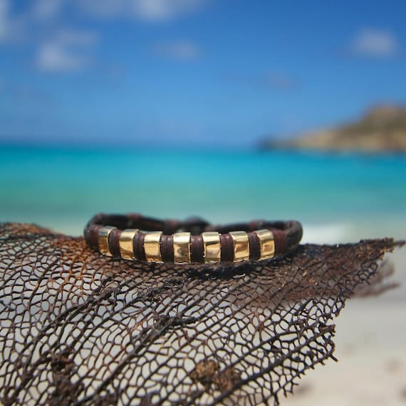 Solid 18k Gold leather bracelet, gypset luxury jewelry, bohochic inspiration, St Barths signature, genuine handmade gold ingots jewelry