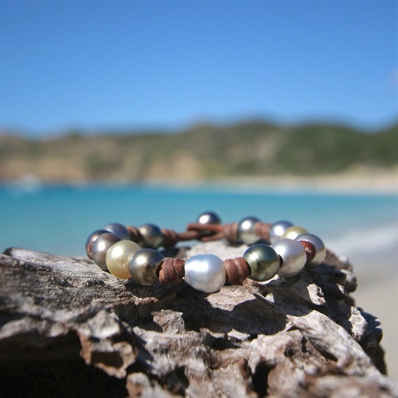 handcrafted leather bracelet featuring multicolor cultured pearls, beach seaside mermaid coastal jewelry, st barth leather signature designs