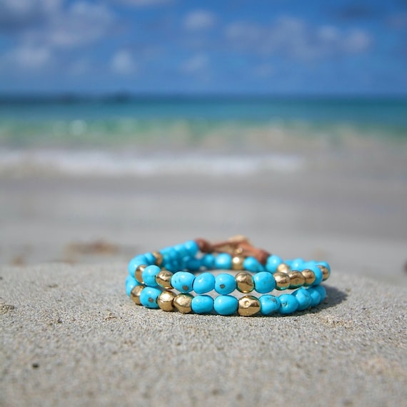 Double wrap leather bracelet with Turquoise and solid 18k Gold beads and clasp, rare Turquoise from Arizona, Jewelry from St Barth island