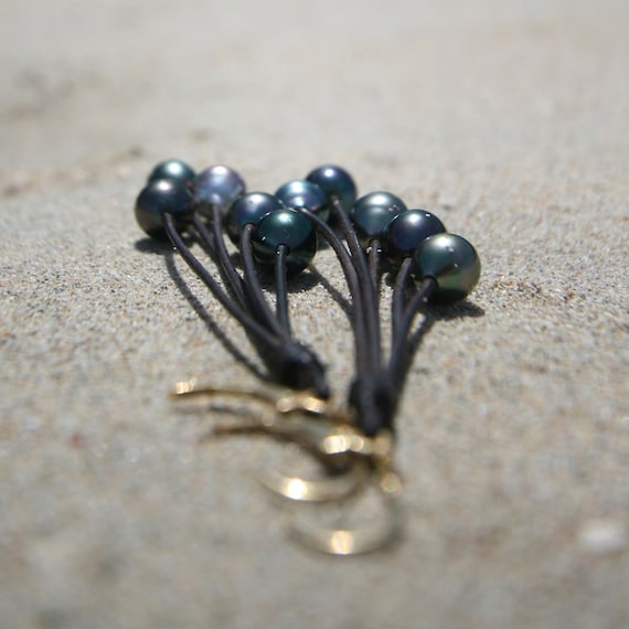 Waterfall earrings of shiny Tahitian half baroque pearls, cultured pearls gold filled 14K clasps, St Barth design, bohemian beach style