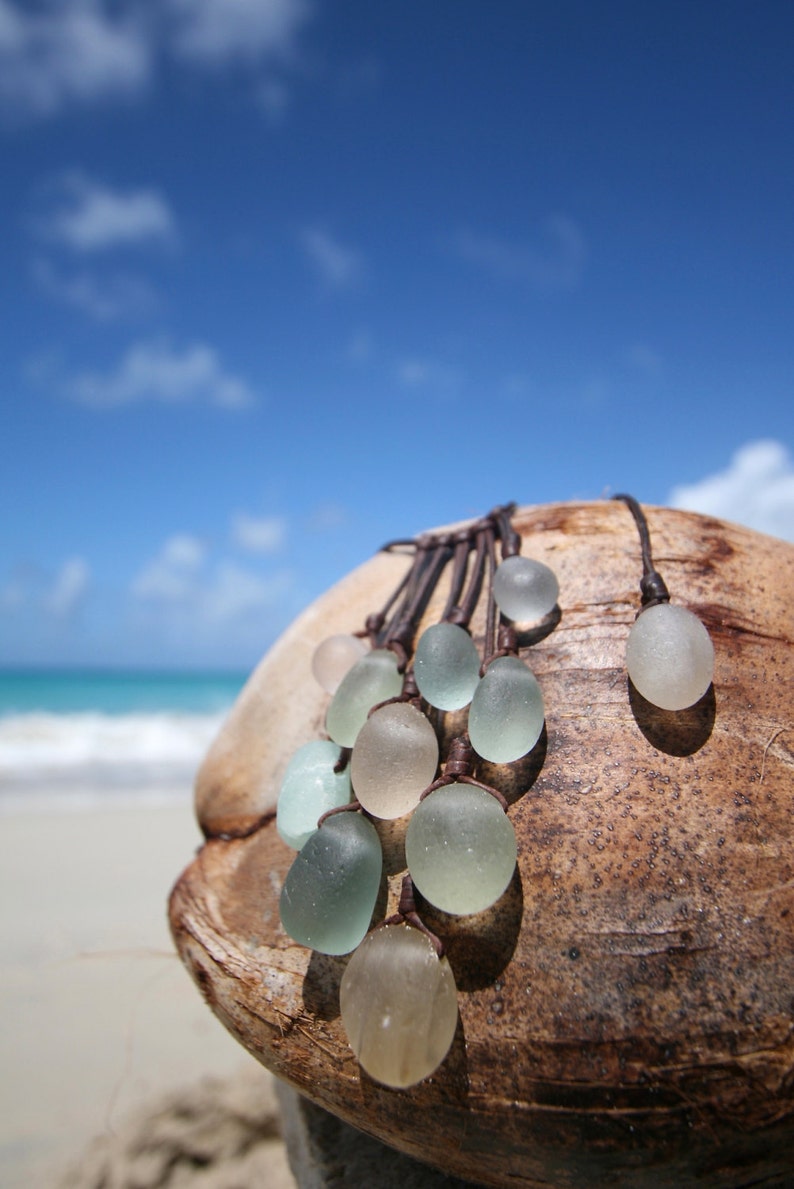 Tumbled ancient sea glass grape necklace, genuine ancient sea glass, beach jewelry, bubble sea glass, sea glass and leather, boho jewelry. image 2