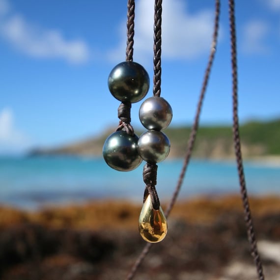 Braided leather sautoir with 2 HUGE 15mm Tahitian black pearls, round pearls and gold drop, boho jewelry, beach jewelry, St Barth, gypset.