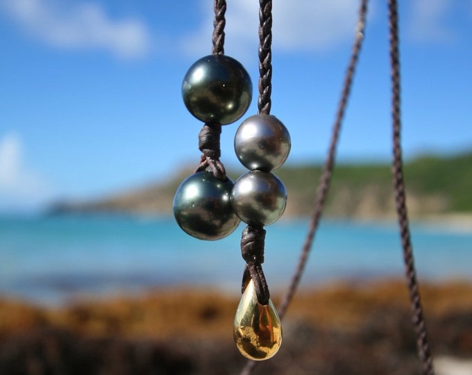 Braided leather sautoir with 2 HUGE 15mm Tahitian black pearls, round pearls and gold drop, boho jewelry, beach jewelry, St Barth, gypset.