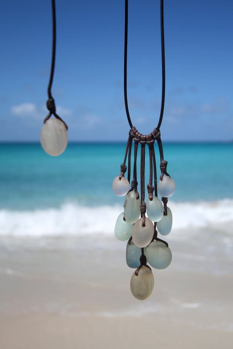 Tumbled ancient sea glass grape necklace, genuine ancient sea glass, beach jewelry, bubble sea glass, sea glass and leather, boho jewelry. image 5