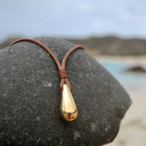 18K Gold Drop Necklace – Hand-Cast Solid Gold & Tahitian Pearl on Leather, St Barth