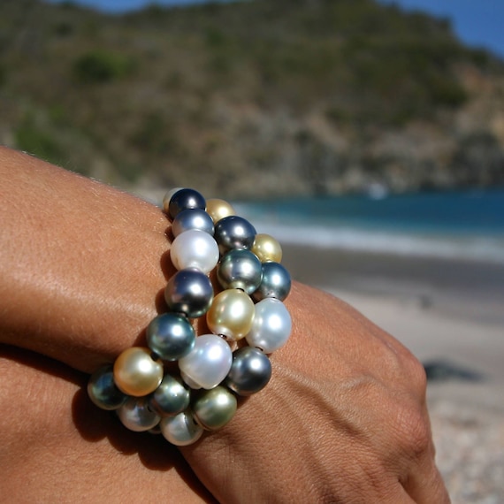 3 leather strands of fine multicolor pearl strung with Tahitian and Australian pearls, St Barth, gift for xmas, custom super chic bracelet