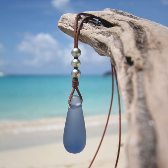 Sea glass drop focal pendant on leather with Tahitian pearls necklace, glass jewelry, St Barth island, bohemian-chic sautoir, cultured pearl