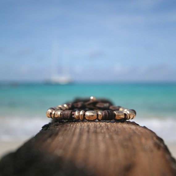 Unisex leather and gold bracelet from St Barth island with 18k Gold elements knotted on leather, st barth leather jewelry, summer beach vibe