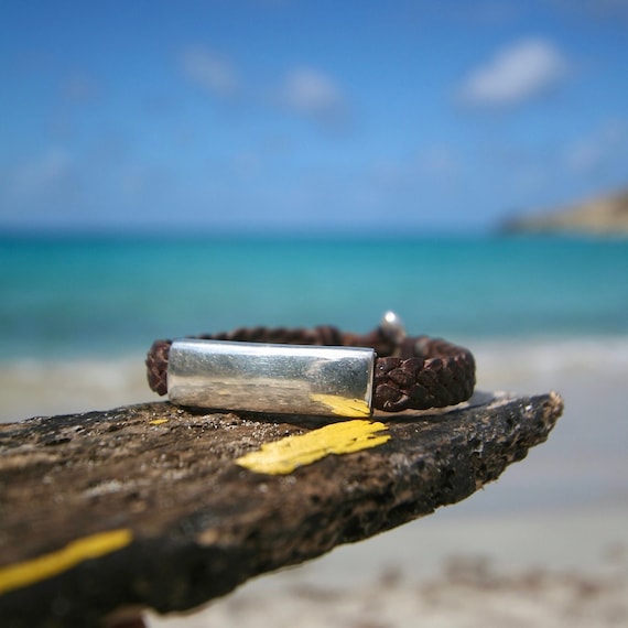 Solid SILVER element Bracelet mounted on braided leather with a hand sculpt silver clasp, St Barths silver & leather jewelry, beach jewelry