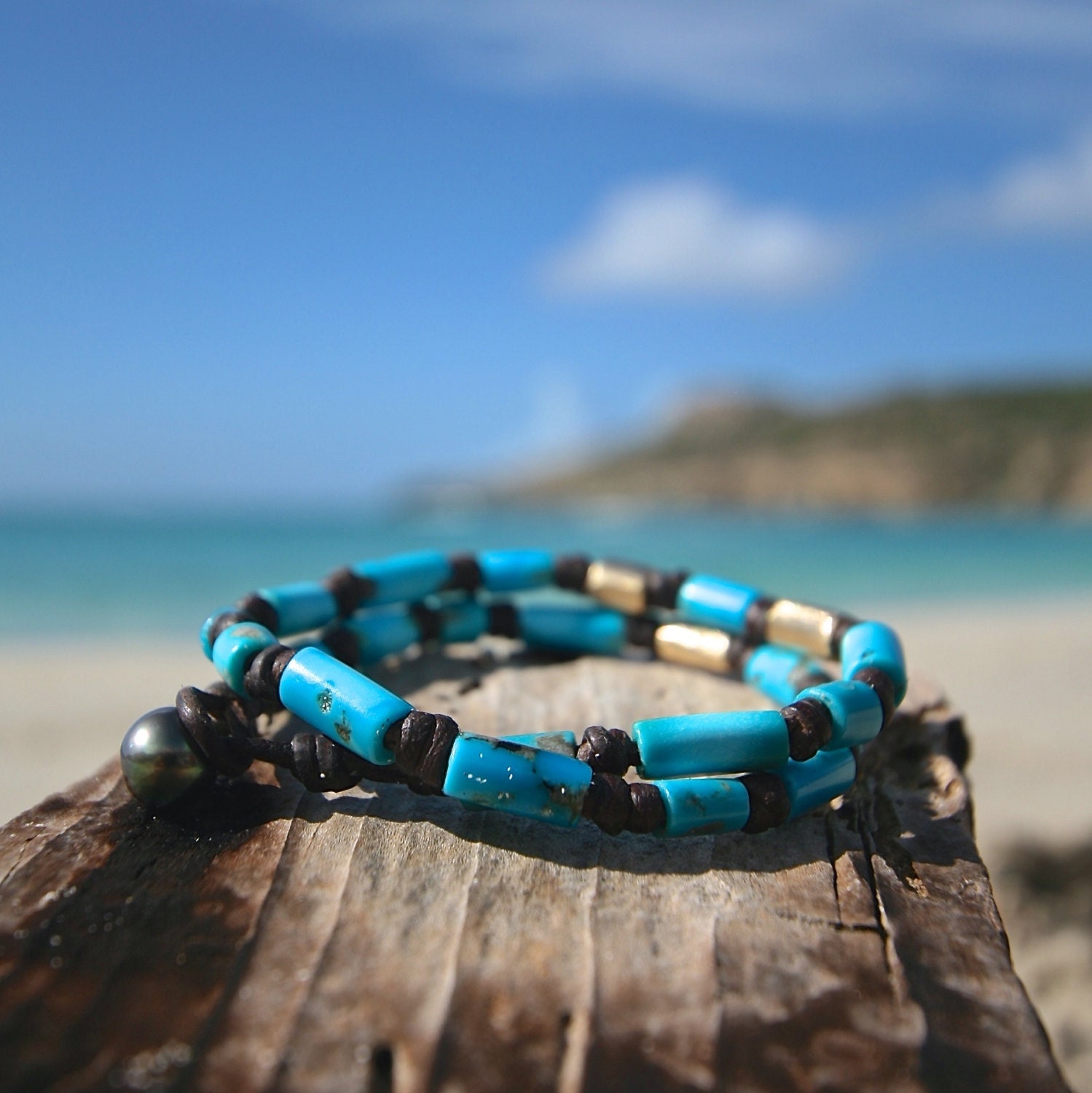 Genuine turquoises and solid gold beads strung on leather, double wrap  bracelet with a Tahitian black pearl clasp, St Barts jewelry, seaside