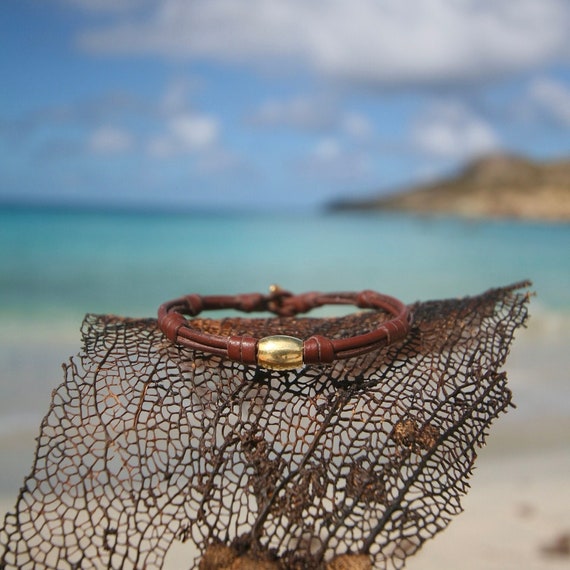 Leather and 18k gold bracelet from St Barth with hand-casted 18k Gold elements OR a black Tahitian pearl clasp, st barth leather jewelry,