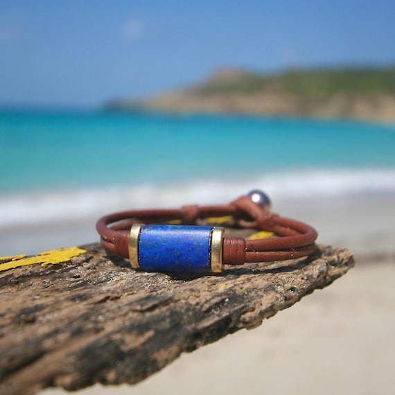 LAPIS Lazuli & gold leather bracelet with a Tahitian pearl clasp, black pearl, beach jewelry, St Barth jewelry, Saint Barthelemy bracelet