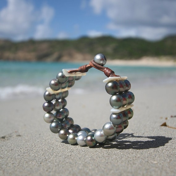 Leather and pearl bracelet from St Barth,  triple rows of cultured pearls and mother-of-pearl on leather, jewelry from St Barth island