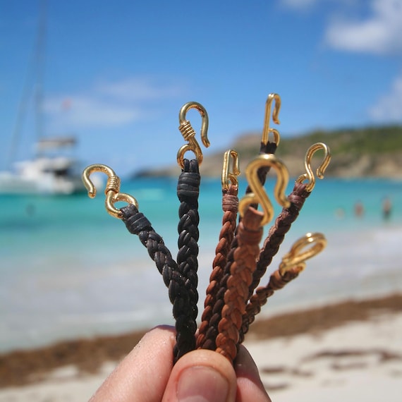 Fish Hook Leather Bracelet cast in 18K Gold and braided tailor made kangaroo leather, St. Barthelemy Island, St. Barth jewelry, st Barts.