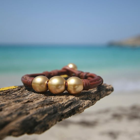 Gold Pearl Bracelet – Australian Golden Pearls & Kangaroo Leather, St Barth