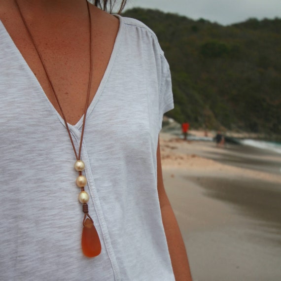 Crystal glass drop focal pendant on leather with fine Australian pearls necklace, sea glass jewelry, St Barth island, boho-chic sautoir.