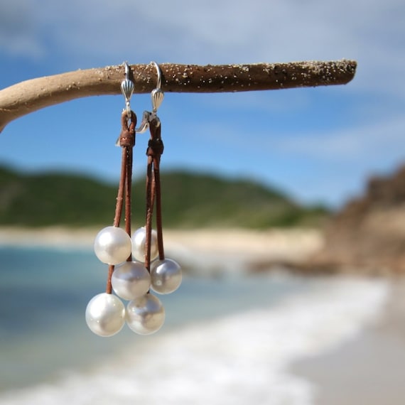 Waterfall earrings of white Australian cultured pearls, leather and pearls, beach jewelry, St Barth, boho inspiration, gypset