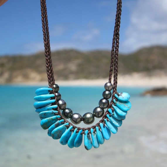 Tahitian pearl and Nevada Turquoises necklace on double strand of braided leather from St Barth island, seaside beach jewelry pearl necklace