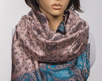Beige Blue OVERSIZE Scarf Wrap or Shawl or Neck Wrap. Valentine silky touch gift. Valentine's Day.